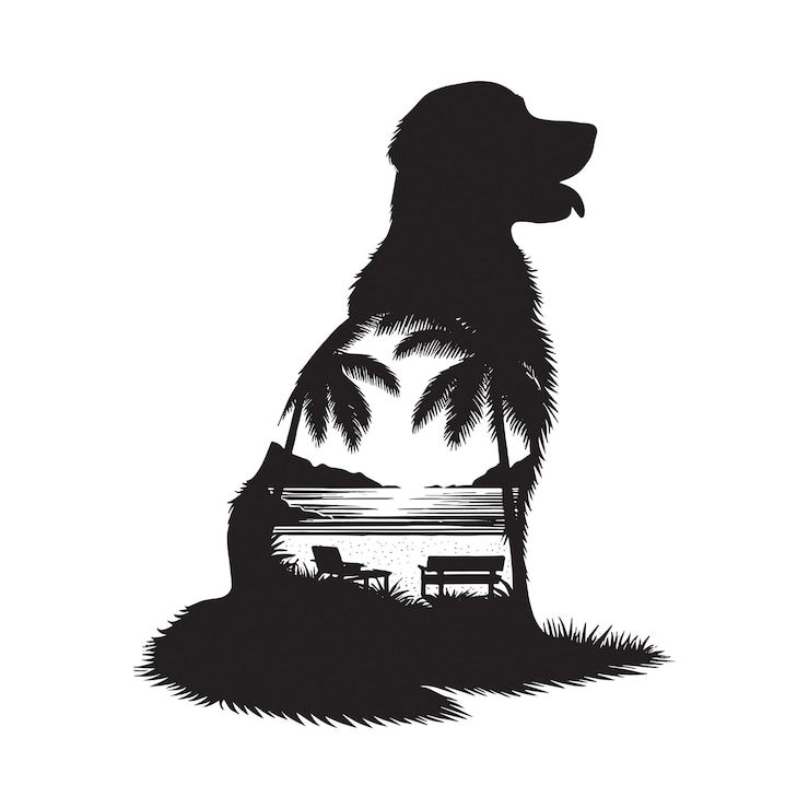 Vector silhouette of retriever filled with ocean beach view with palm tree in rough drawing