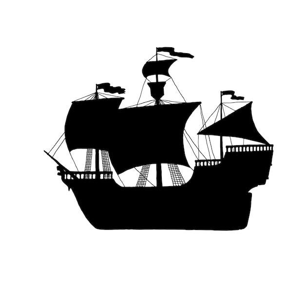 Silhouette retro sailboat Ship with sails black outline isolated illustration