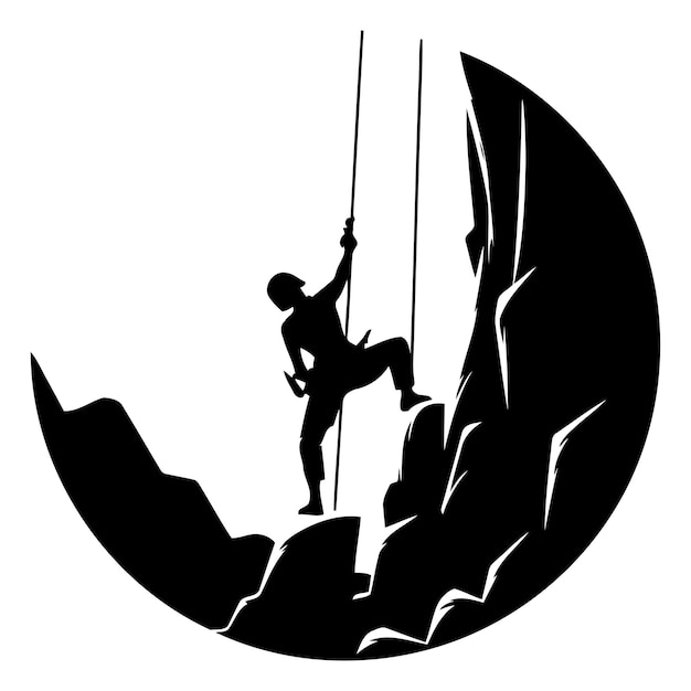 Vettore silhouette di un alpinista che si arrampica su una scogliera