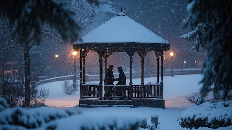 Vector silhouette of romantic christmas proposal under snowy gazebo romantic christmas proposal christmas
