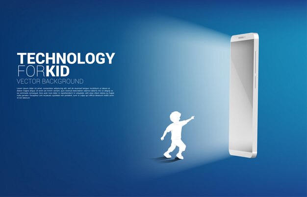 Silhouette of running boy point to mobile phone. Concept of education technology. Mobile phone and kid.