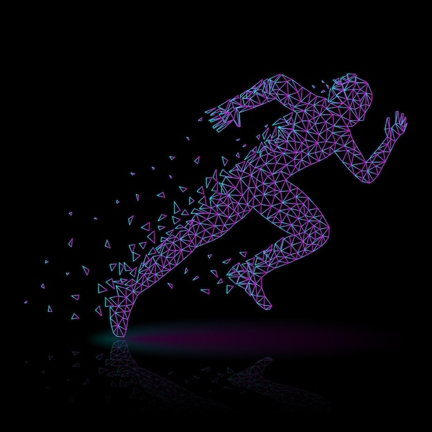 Silhouette of a running polygonal man from lines Blue and violet gradient