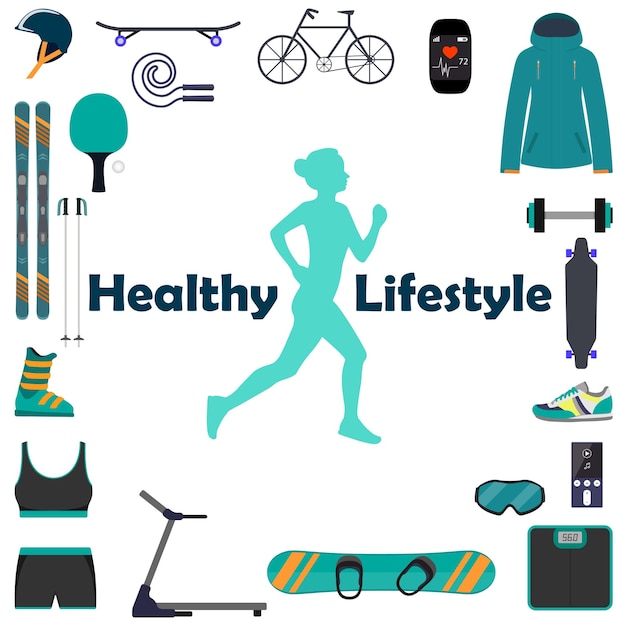 Silhouette of a running woman surrounded by icons of sports equipment for different sports
