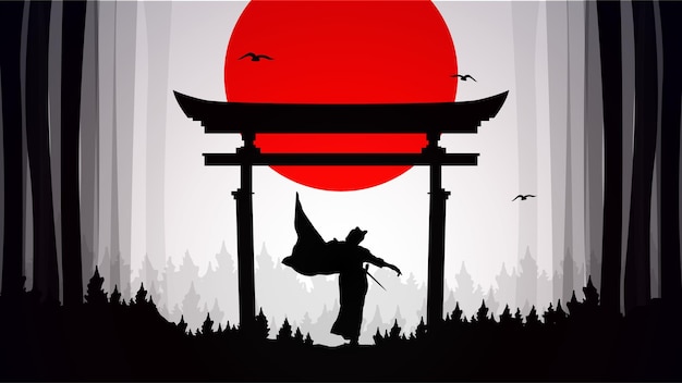 Silhouette of a samurai with a sun behind it