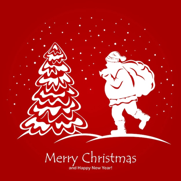 Silhouette of Santa Claus and Christmas tree. Red winter background with lettering Merry Christmas and Happy New Year. Illustration can be used for holiday cards, children's clothing or things design.