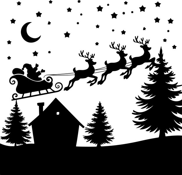Vector silhouette santa claus flying with reindeer over a festive night scene
