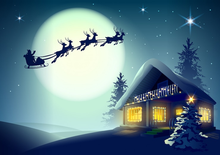 वेक्टर silhouette santa claus and reindeer flying over christmas house in winter forest