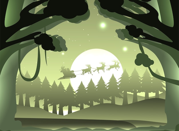 silhouette santa claus and reindeer in forest 