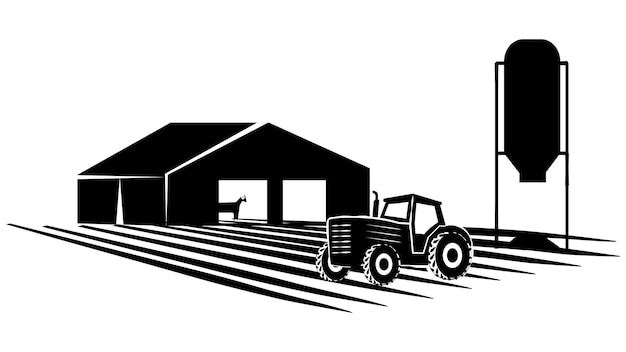 Vettore scena di silhouette della vita agricola con fienile e trattore isolati su sfondo bianco clipart rurale