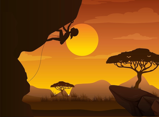 Vector silhouette scene wtih people climbing rock