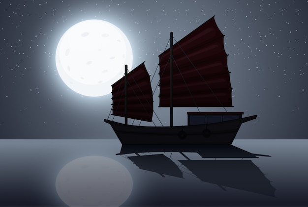 Vector silhouette scene wtih sailboat at night time