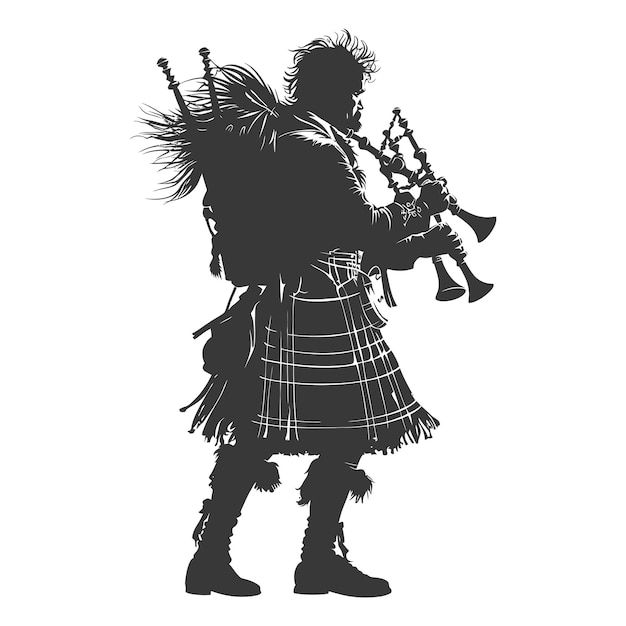 Vector silhouette scottish man wearing kilt playing great higland bagpipe black color only