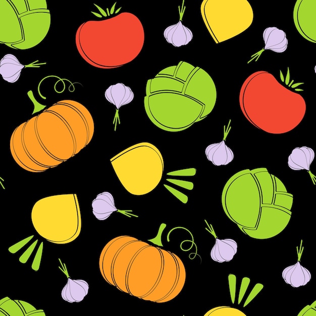 벡터 실루엣 원활한 야채 패턴 벡터 평면 그림입니다. 건강한 채식주의 메뉴 또는 유기농 직물 인쇄를 위한 가을 야채 원활한 요소와 자연 색상의 신선한 음식 검정 패턴