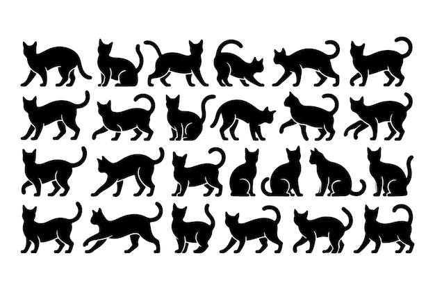 様々なポーズの黒い猫のシルエットセット ベクター動物アイコンコレクション