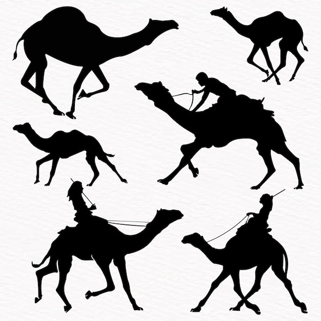 Set di silhouette di desert camel con gobbe in piedi che corrono e camminano