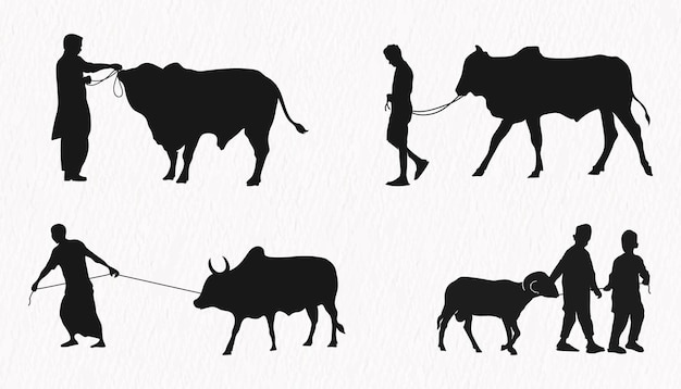 Silhouette set of man walking with Qurbani cow and goat