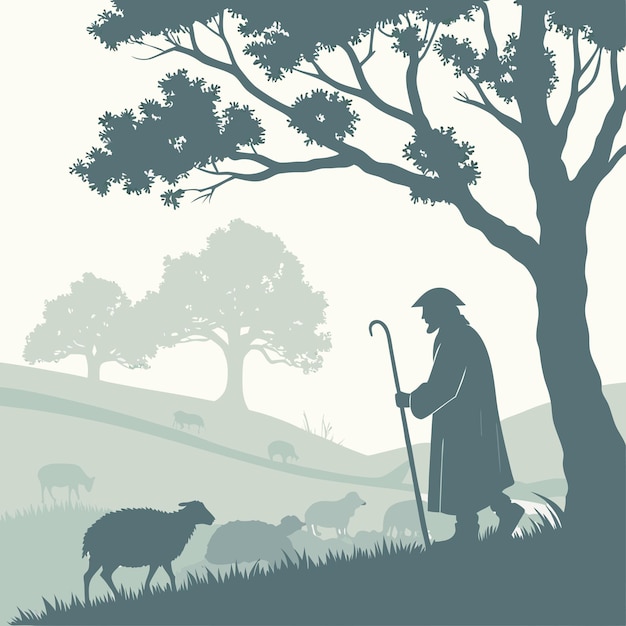 silhouette of a shepherd with sheep in the foggy countryside