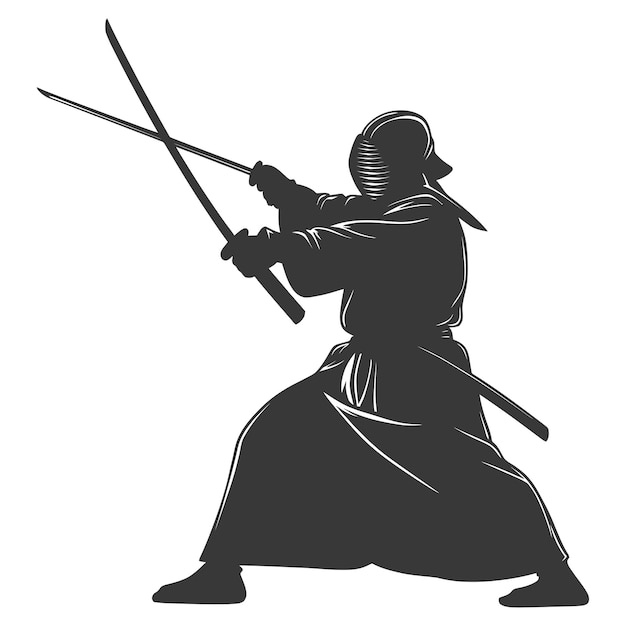 Vector silhouette single kendo athletes in action black color only