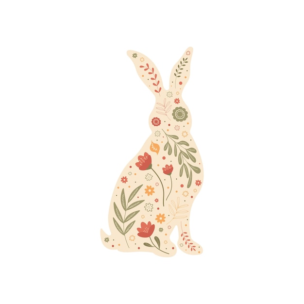 Vector silhouette sitting easter bunny in vintage colors rabbit painted with flowers and abstract folk