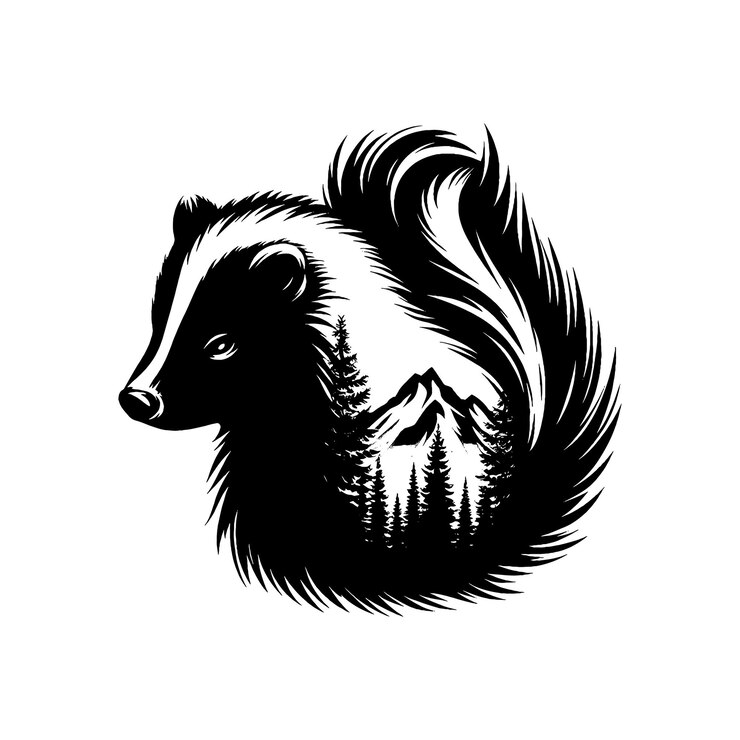 Vector silhouette of skunk filled with mountain and nature view in rough drawing