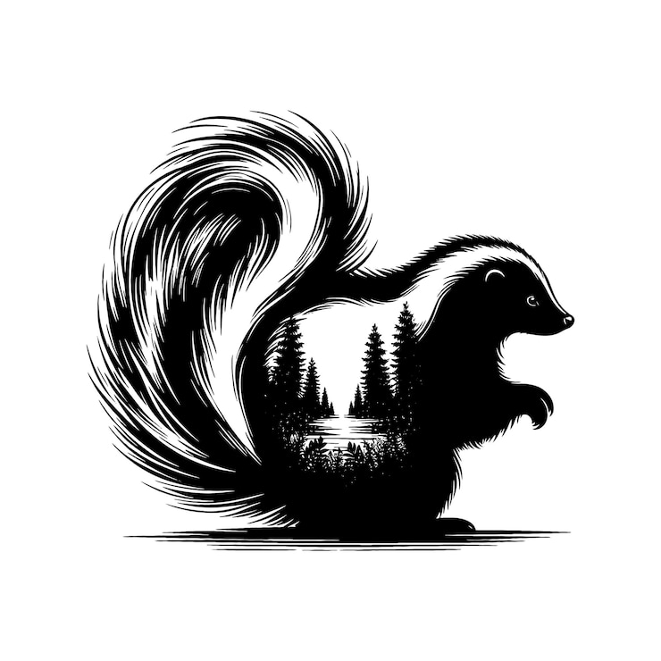 Vector silhouette of skunk filled with nature view in rough drawing