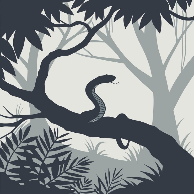 Vector silhouette of a snake coiled around a tree branch in a dark jungle scene