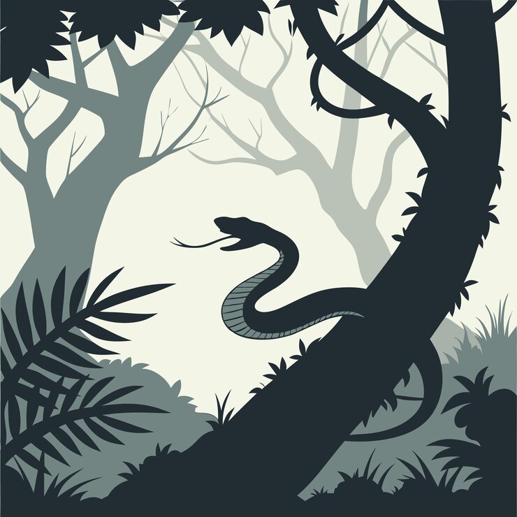 Vector silhouette of a snake coiled around a tree branch in a dark jungle scene