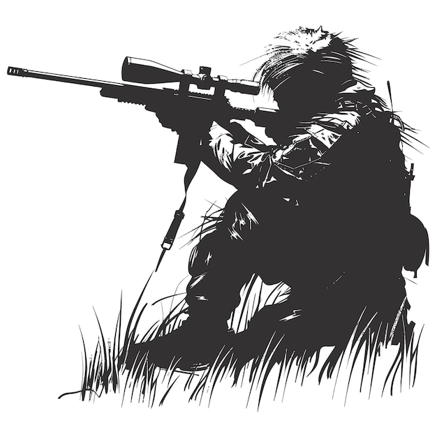 Silhouette sniper in action black color only full body