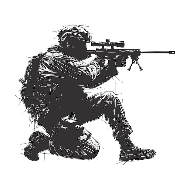 Vector silhouette sniper in action black color only full body