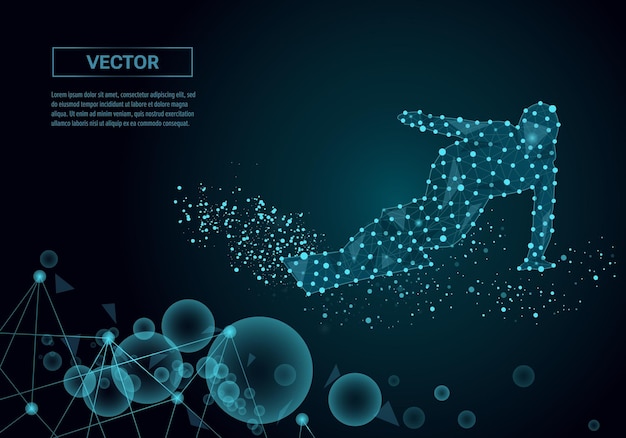 점과 선을 연결하는 어두운 파란색 배경에 있는 스노보더의 실루엣 조명 연결 구조 낮은 폴리 벡터 배경