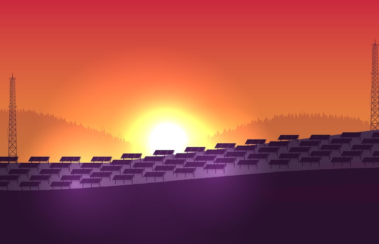 Vector silhouette solar panel farm on orange gradient background