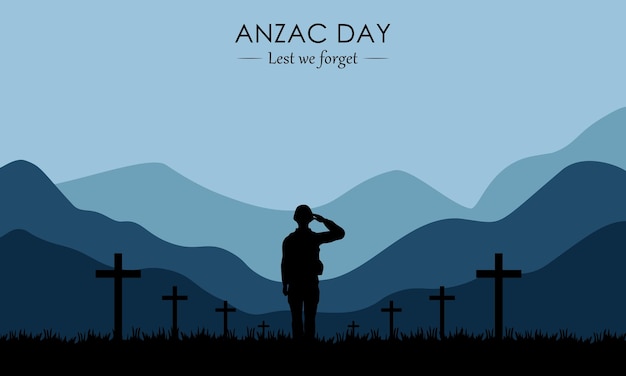 Silhouette of soldier paying respect at the grave.Lest we forget lettering. Anzac day lettering.