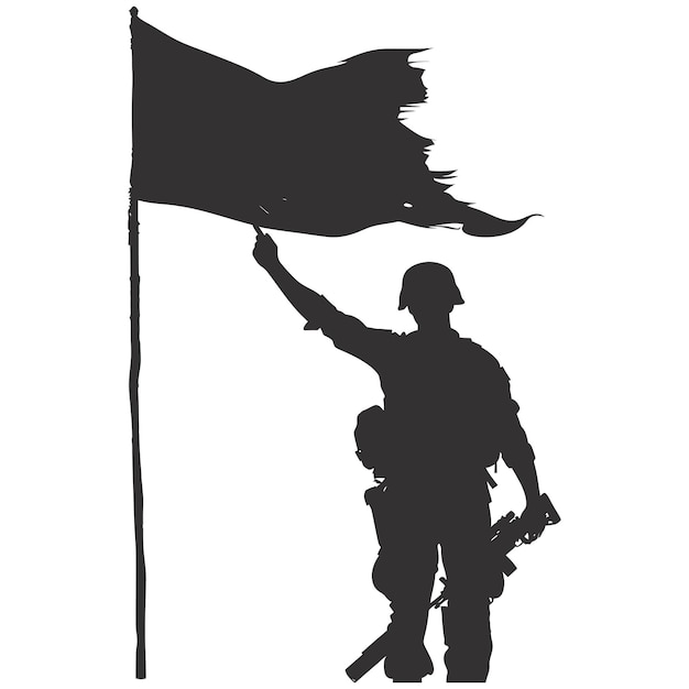シルエット 兵士や陸軍は黒い旗の前でポーズをとる 黒い色のみ