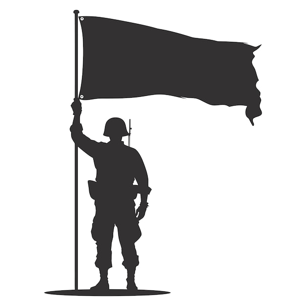白い旗の前でポーズをとる兵士や陸軍のシルエット 黒色のみ