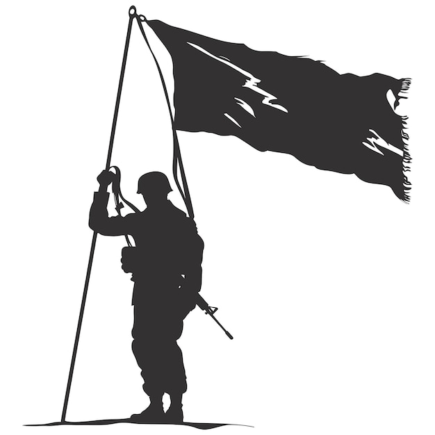 Vector silhouette soldiers or army pose in front of the blank flag black color only