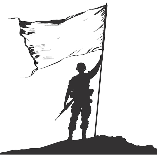 Silhouette Soldiers or Army pose in front of the white flag black color only