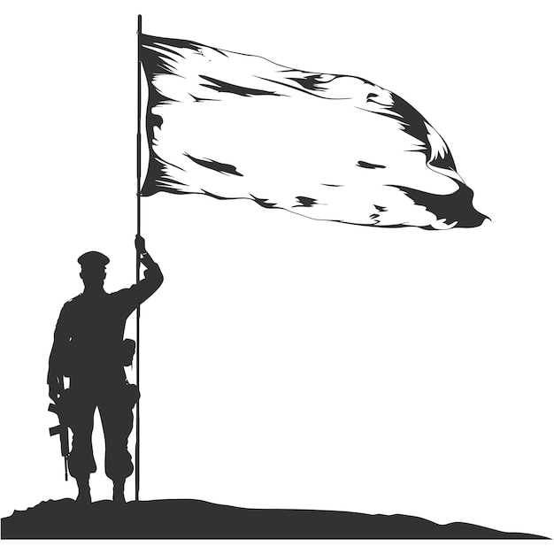 Silhouette soldiers or army pose in front of the white flag black color only