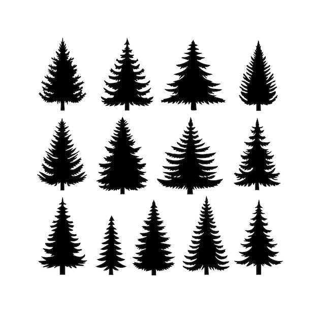 Silhouette solid vector icon set of christmas tree yule fir tannenbaum evergreen holiday trees