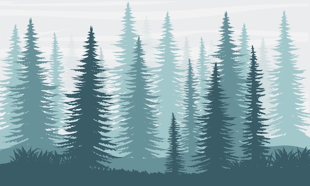 Silhouette. Spruce forest. The nature of Canada, USA, Scandinavia and Europe. Realistic Vector