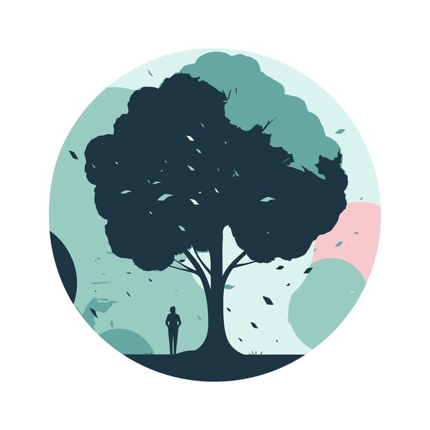 Silhouette of standing man under the tree falling leafs from the tree peace calm worship vector illustration in circle