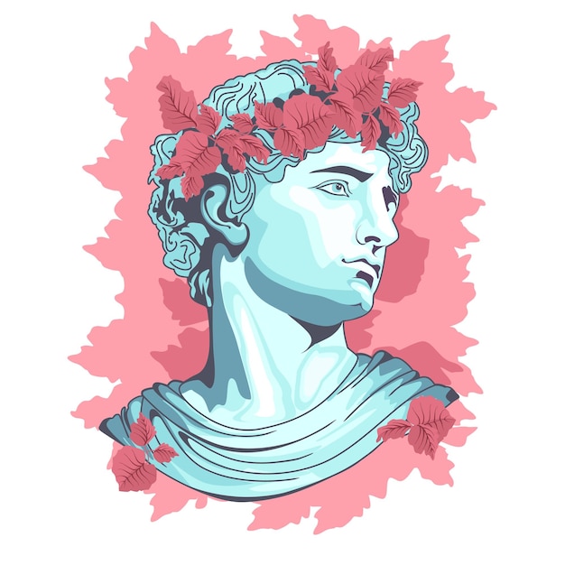 Vector silhouette of a statue of apollo shoulderlength view in blue color on his head with a floral