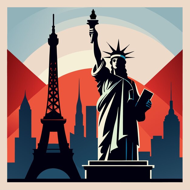 Vector silhouette of the statue of liberty and eiffel tower against a red sunset