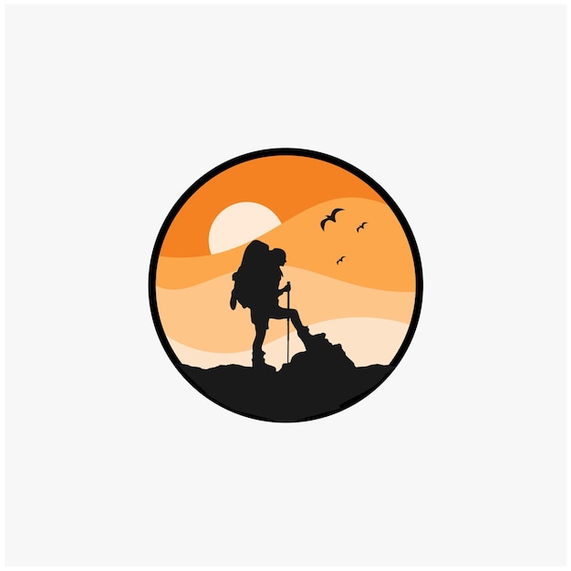 Silhouette sunset hiking logo design