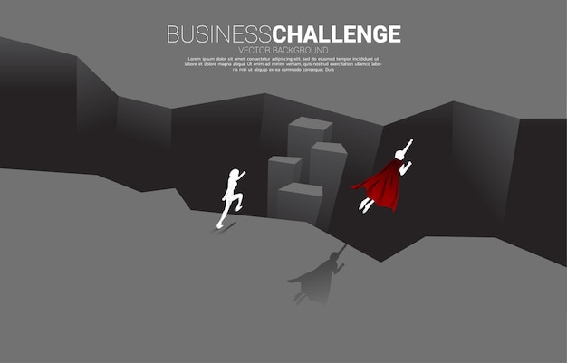 Silhouette of superhero fly over across abyss. concept of business challenge and courage man