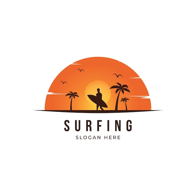 Vector silhouette of surfer holding surfboard at sunset