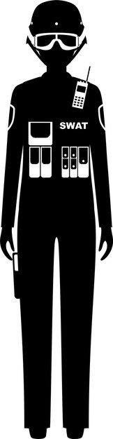 伝統的な制服を着たSWAT女性警官のシルエット フラットスタイルのキャラクターアイコン