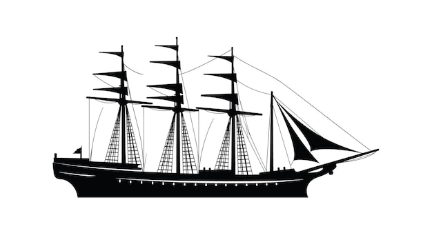 Vector silhouette tall ship sails across sea under full sail black white design pirate vessel