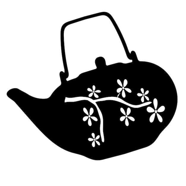 silhouette of a teapot with a cherry twig on a white background