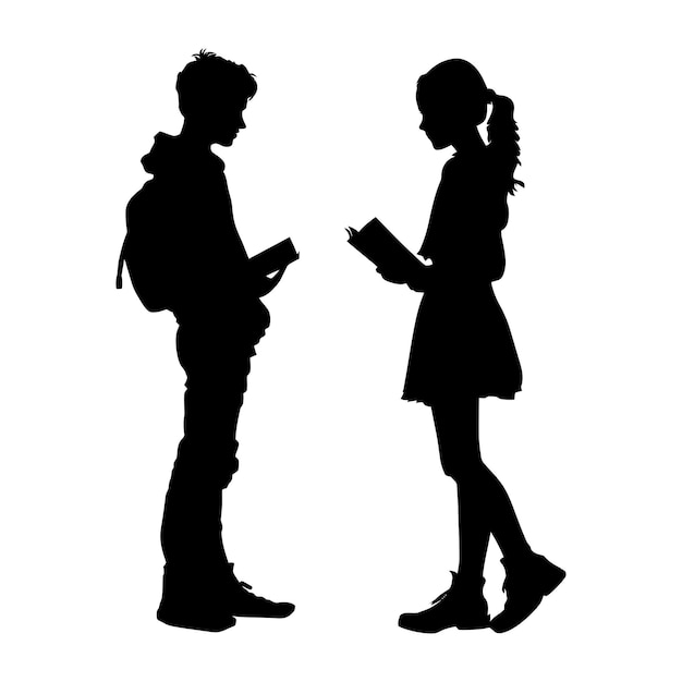 Silhouette teenager girl and boy reading book together black color only