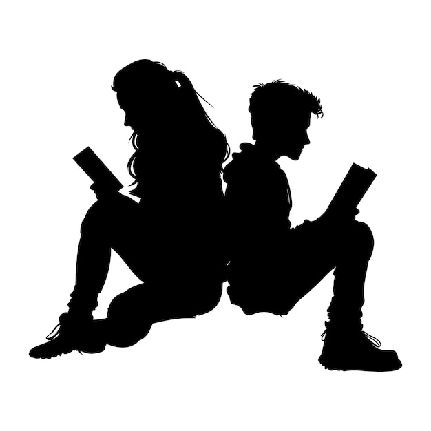 Vector silhouette teenager girl and boy reading book together black color only